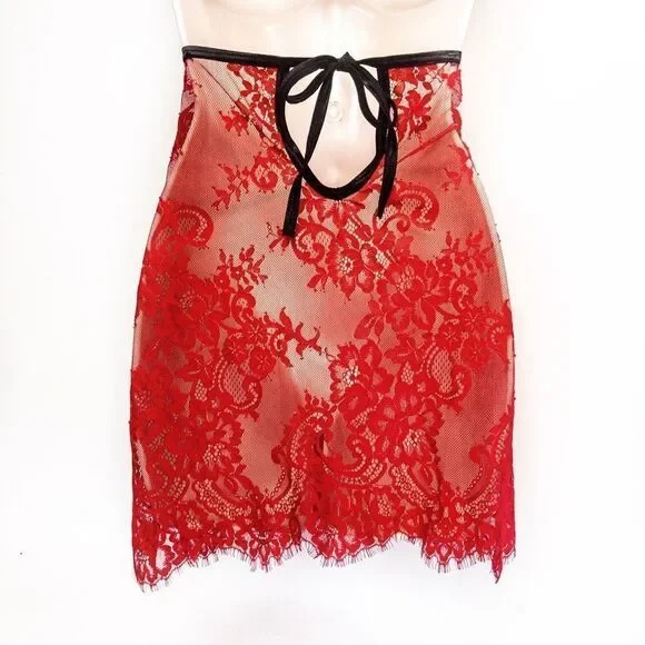 Lacey Red Sweetheart Chemise & Sheer Thigh Highs Sz L - Picture 5 of 14